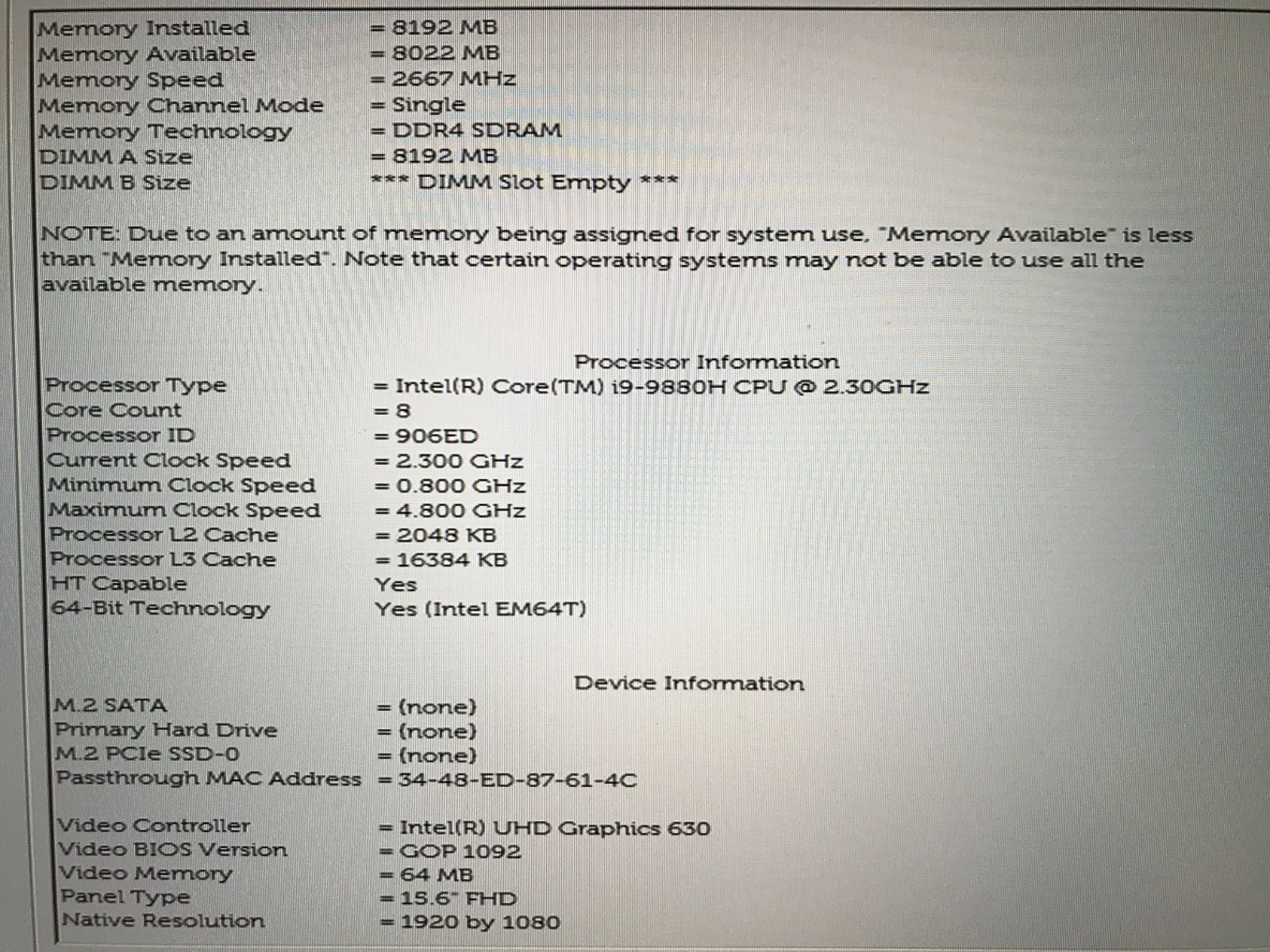 Dell Precision 5540 / Intel Core i9-9880H 2.30GHz / 8GB RAM / No SSD