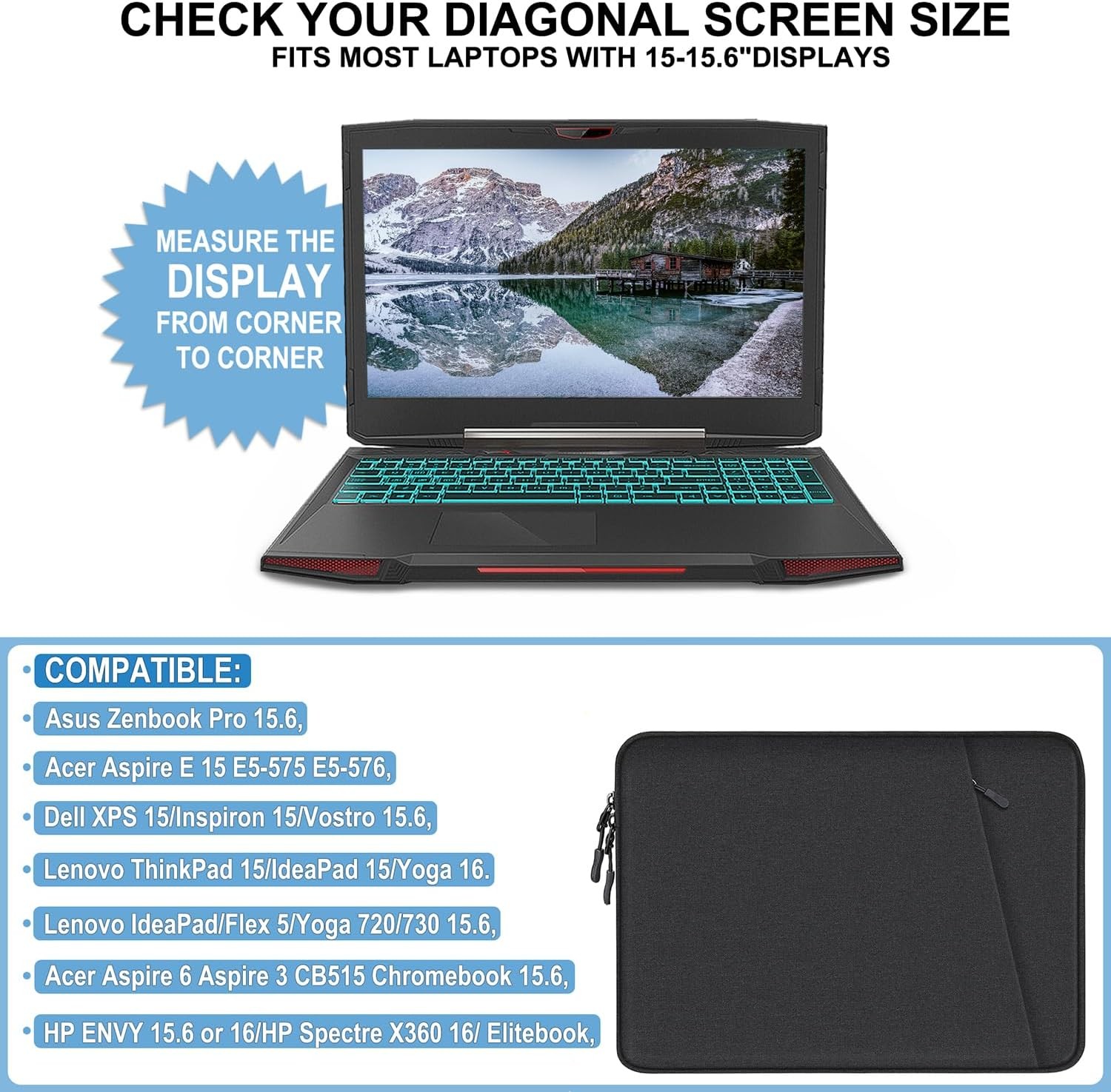 Black 15.6 inch Laptop Sleeve, Shockproof Protective Case with Accessory Pocket