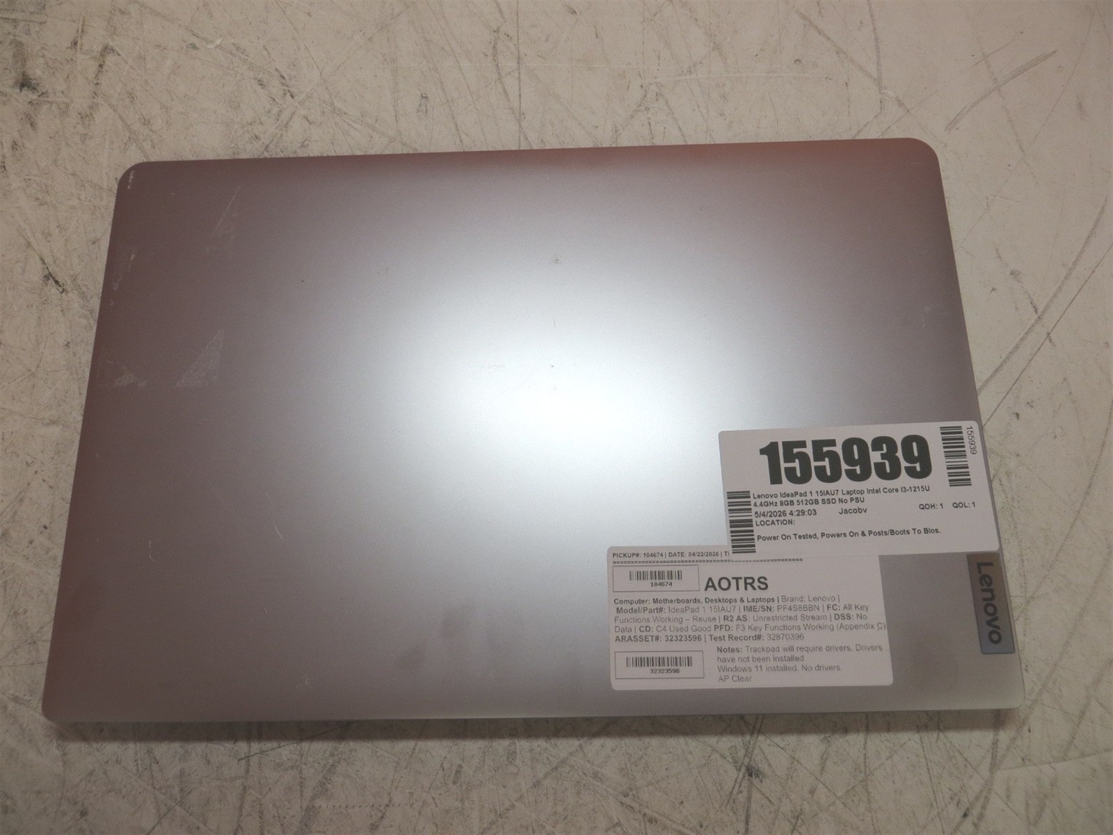 Lenovo IdeaPad 1 15IAU7 Laptop Intel Core i3-1215U 4.4GHz 8GB 512GB SSD No PSU
