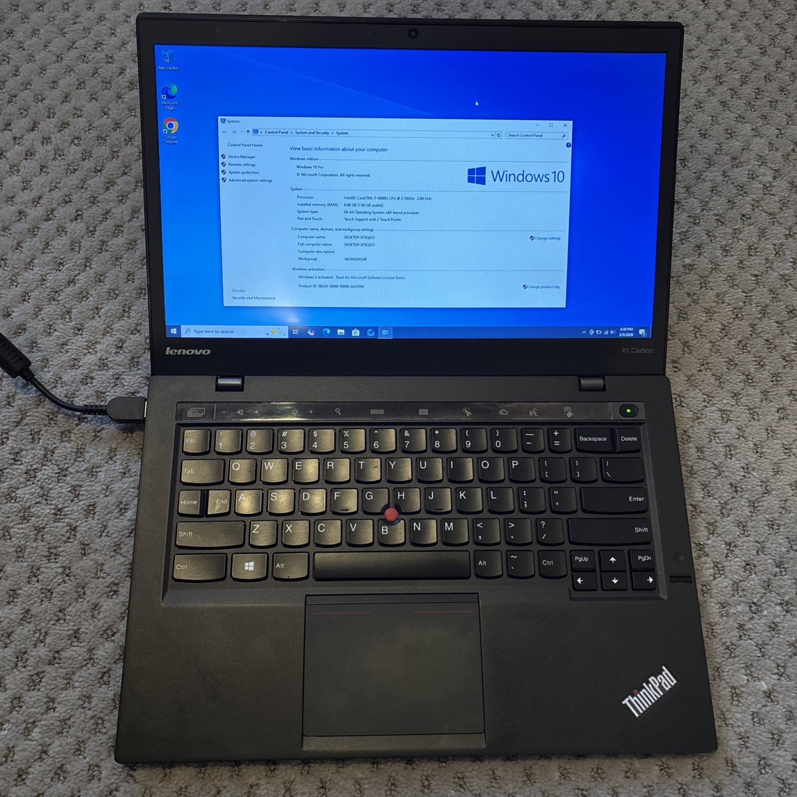 Lenovo ThinkPad X1 Carbon 2nd Gen 14″ i7-4600U 8GB RAM 256GB SSD Win 10 Pro