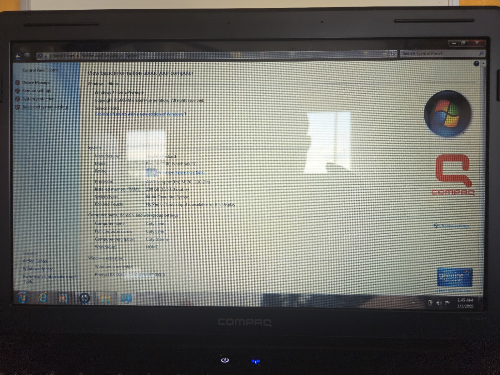 HP Compaq Presario CQ61 AMD Athlon II Dual-Core 4GB Ram 2.0GB HDD W7HomeP
