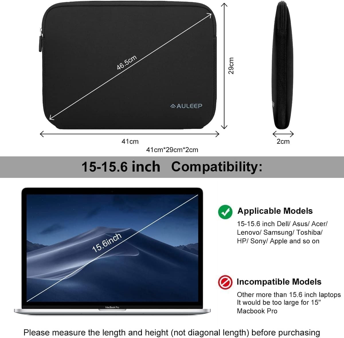 15-15.6 inch Laptop Sleeves, Neoprene Water-Resistant Laptop Case Slim Cover