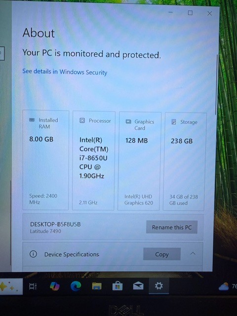 DELL LATITUDE 7490 I7-8650U 256GB SSD 8GB RAM (No Charger Included)