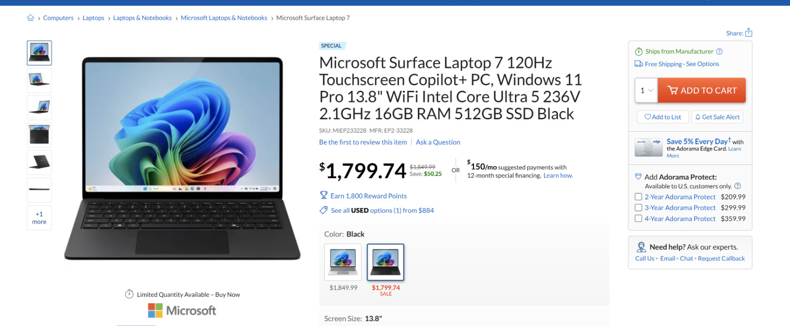 Microsoft Surface Laptop 7th Edition, 13.8″ Ultra 5 236V, 16GB RAM, 256GB