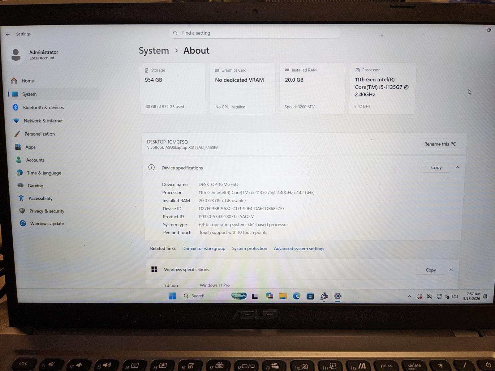 ASUS VIVOBOOK R565E i5-1135G7 @ 2.40GHz, 20GB RAM, NO HDD/OS
