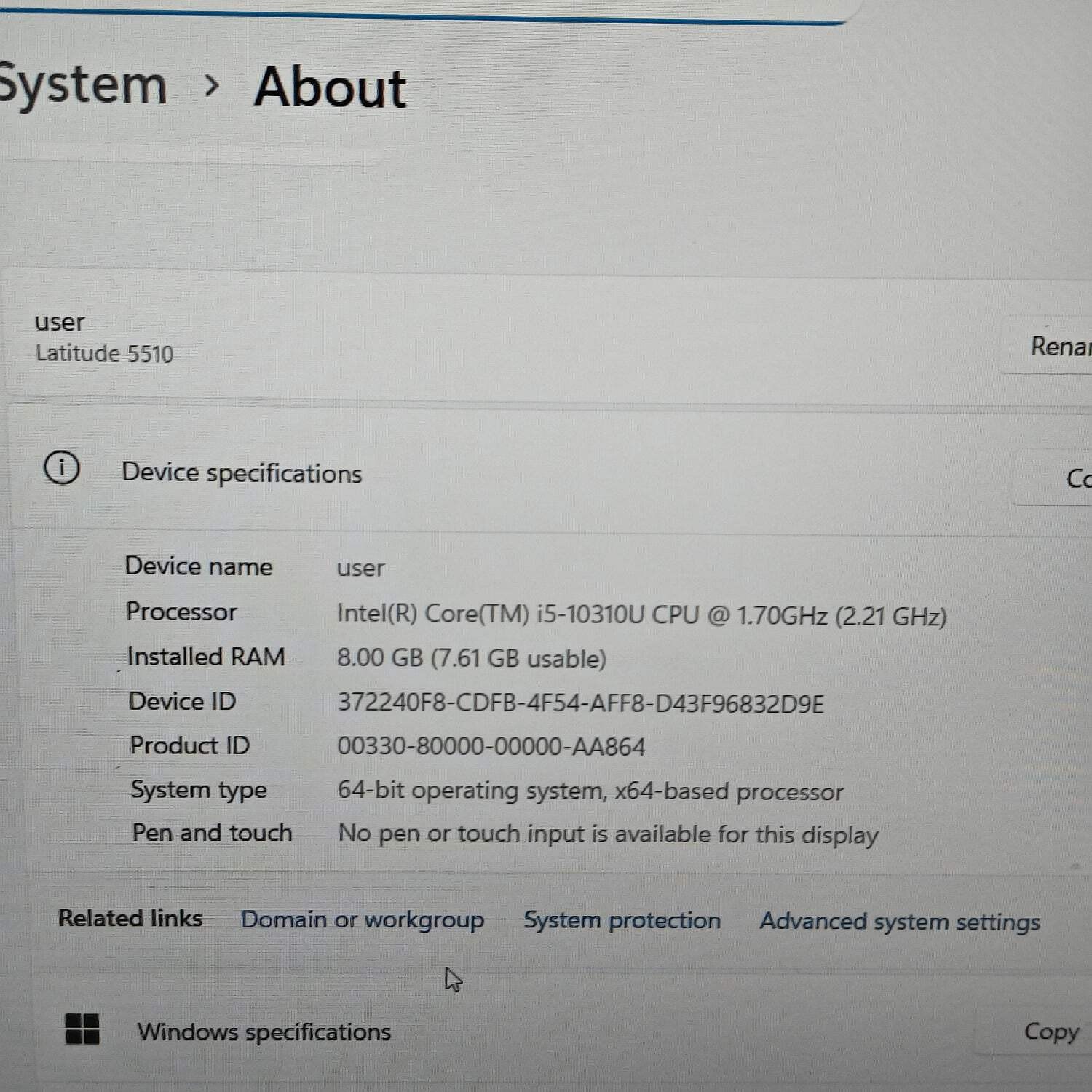 Dell Latitude 5510 15.6″ i5-10310U 1.7GHz 8GB RAM 128GB SSD