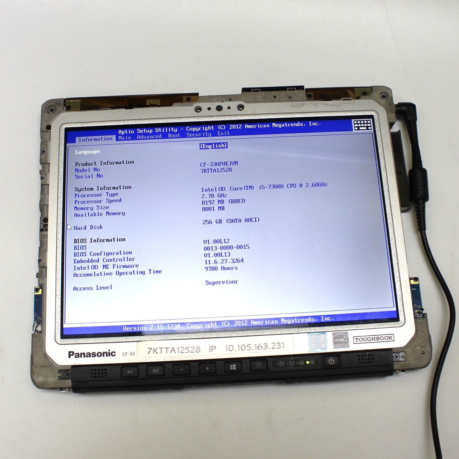 Panasonic Toughbook CF-33 Tablet MK1 I5-7300U 8GB, NO HD, NO BATTERY, NO ADAPTER