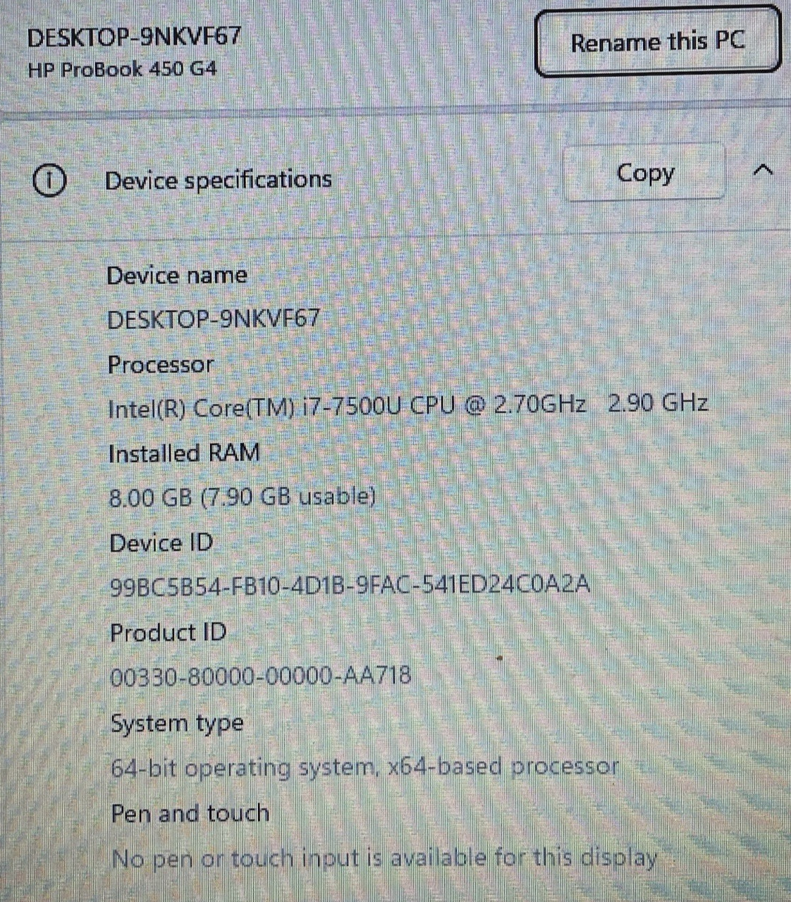 HP ProBook 450 G4 / i7-7500U @2.70GHz | 128GB NVMe | 8GB RAM | Win 11 Pro