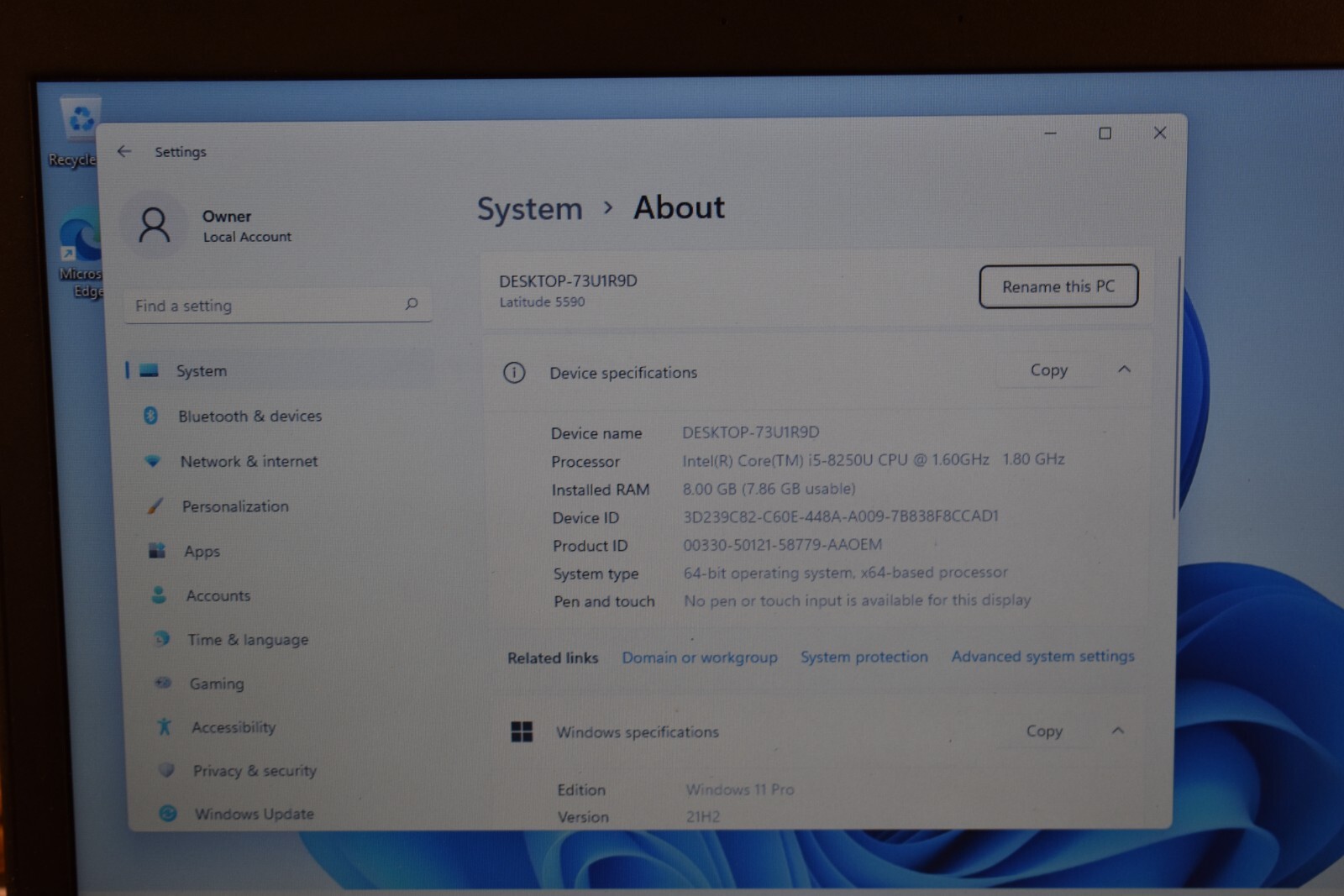Dell Latitude 5590 Quad Core i5-8250U 1.6 GHz 8GB RAM 128GB SSD Windows 11 Pro