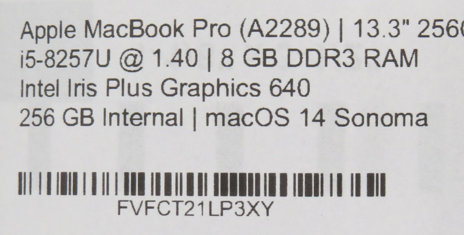 Apple MacBook Pro A2289 2020 | i5-8257U @ 1.4Ghz | 8GB/256GB | OS14 | No AC