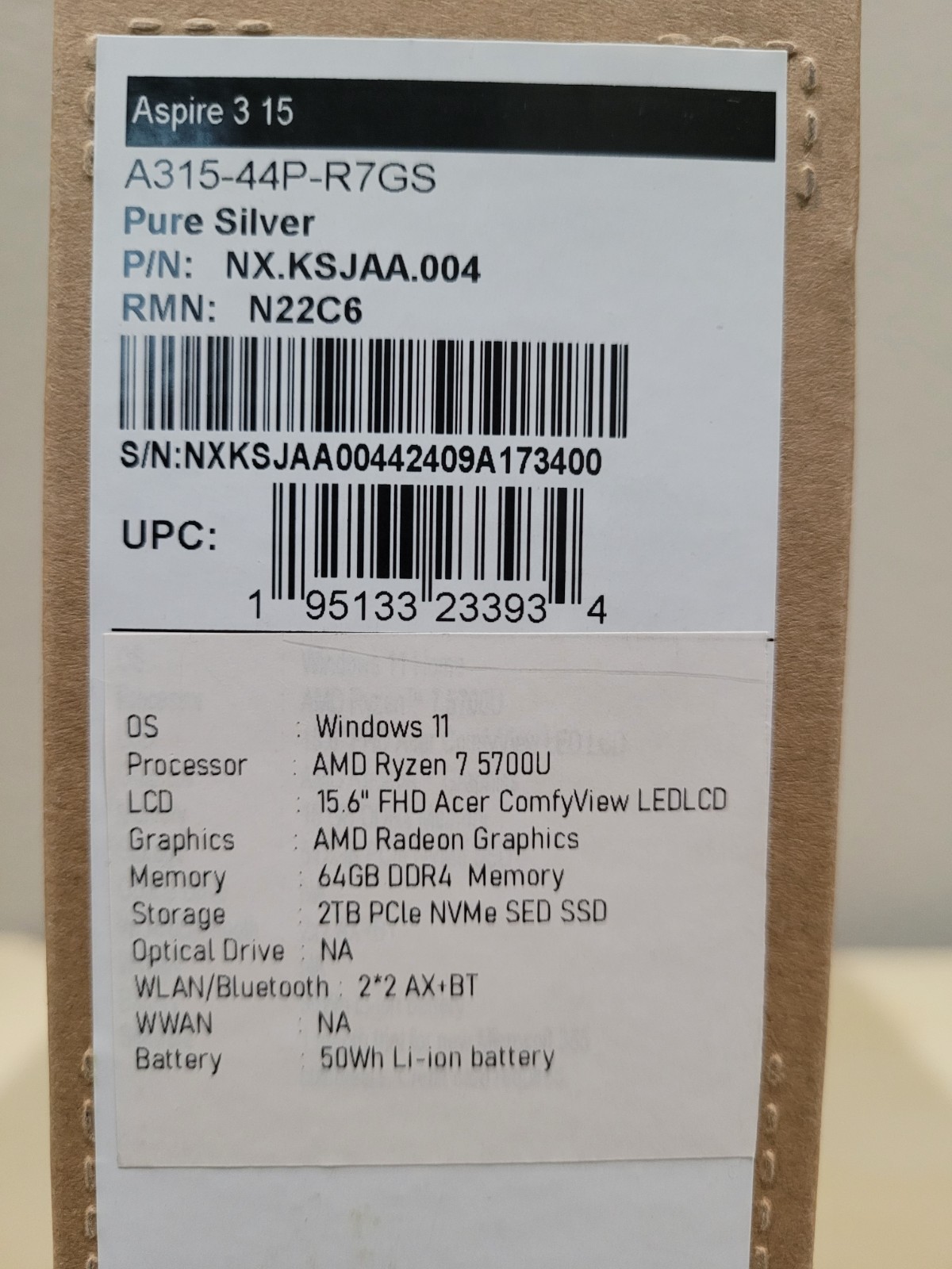 Acer Aspire 3 15 15.6″ FHD AMD Ryzen 7 5700U (8-Core) 2TB NVMe SSD 64GB RAM W11P