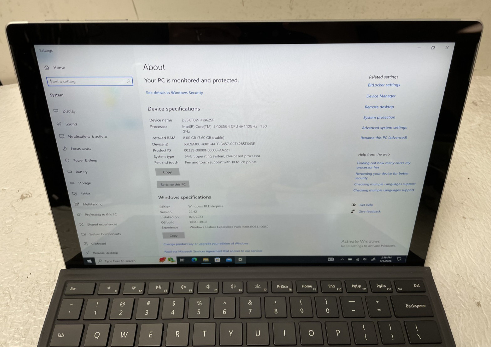 Microsoft Surface Pro 7 1866 Intel i5-1035G4 @1.10GHz 8GB RAM 128GB SSD NO OS