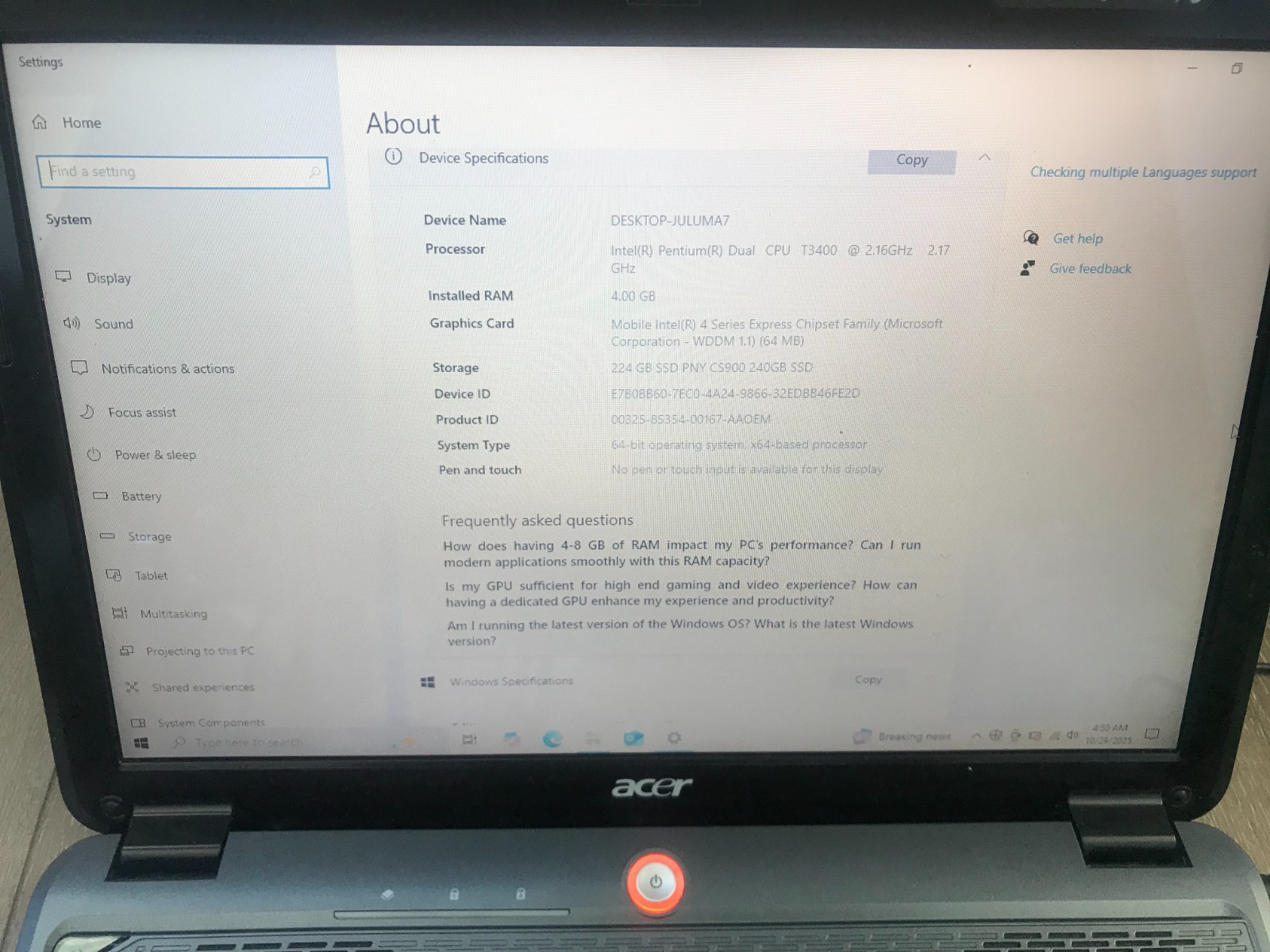Acer Aspire 4730Z 14.1″ Intel Pentium Dual T3400 2.16GHz 4GB RAM 240GB SSD Win10