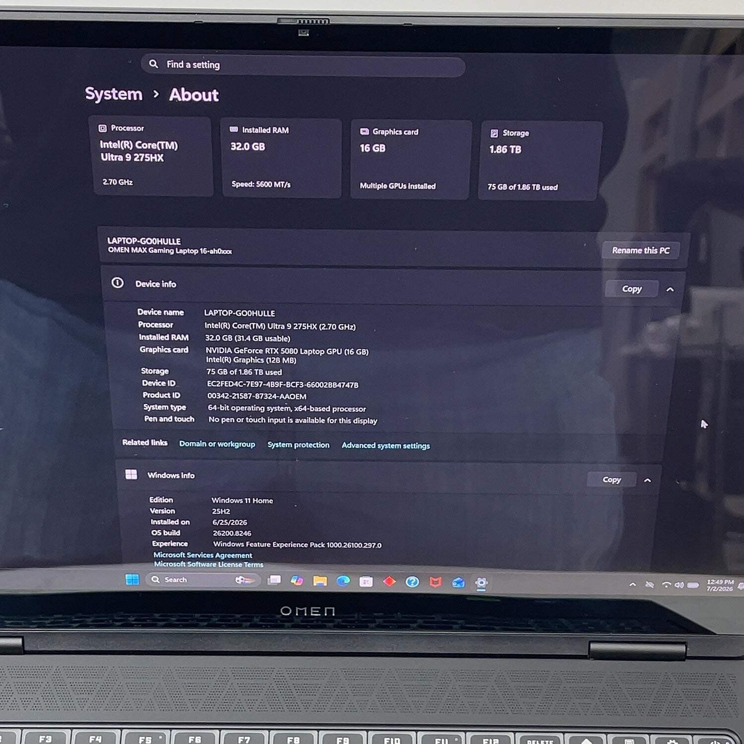 HP Omen Max 16 AH0XXX 16″ Core Ultra 9 275HX 2.7GHz 32GB RAM 2TB SSD RTX 5080