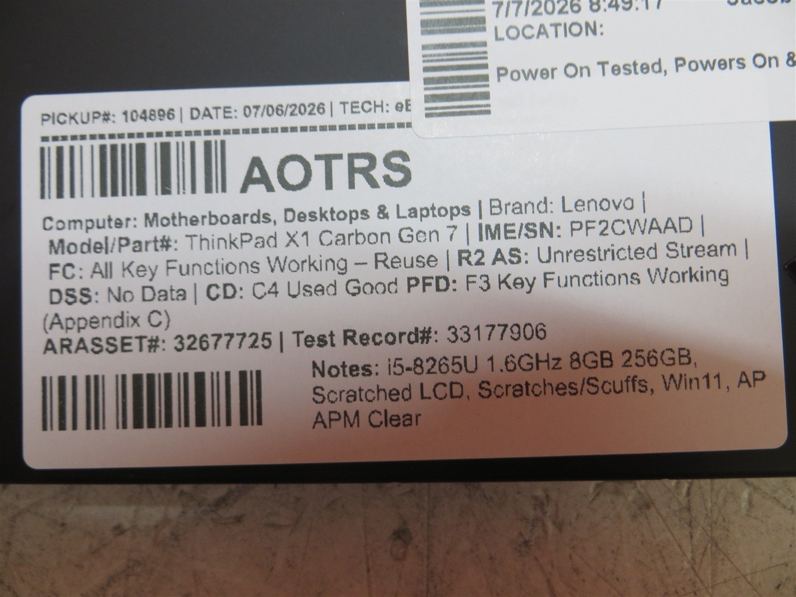 Scratched LCD Lenovo ThinkPad X1 Carbon Gen 7 Intel i5-8265U 1.6GHz 8GB 256GB