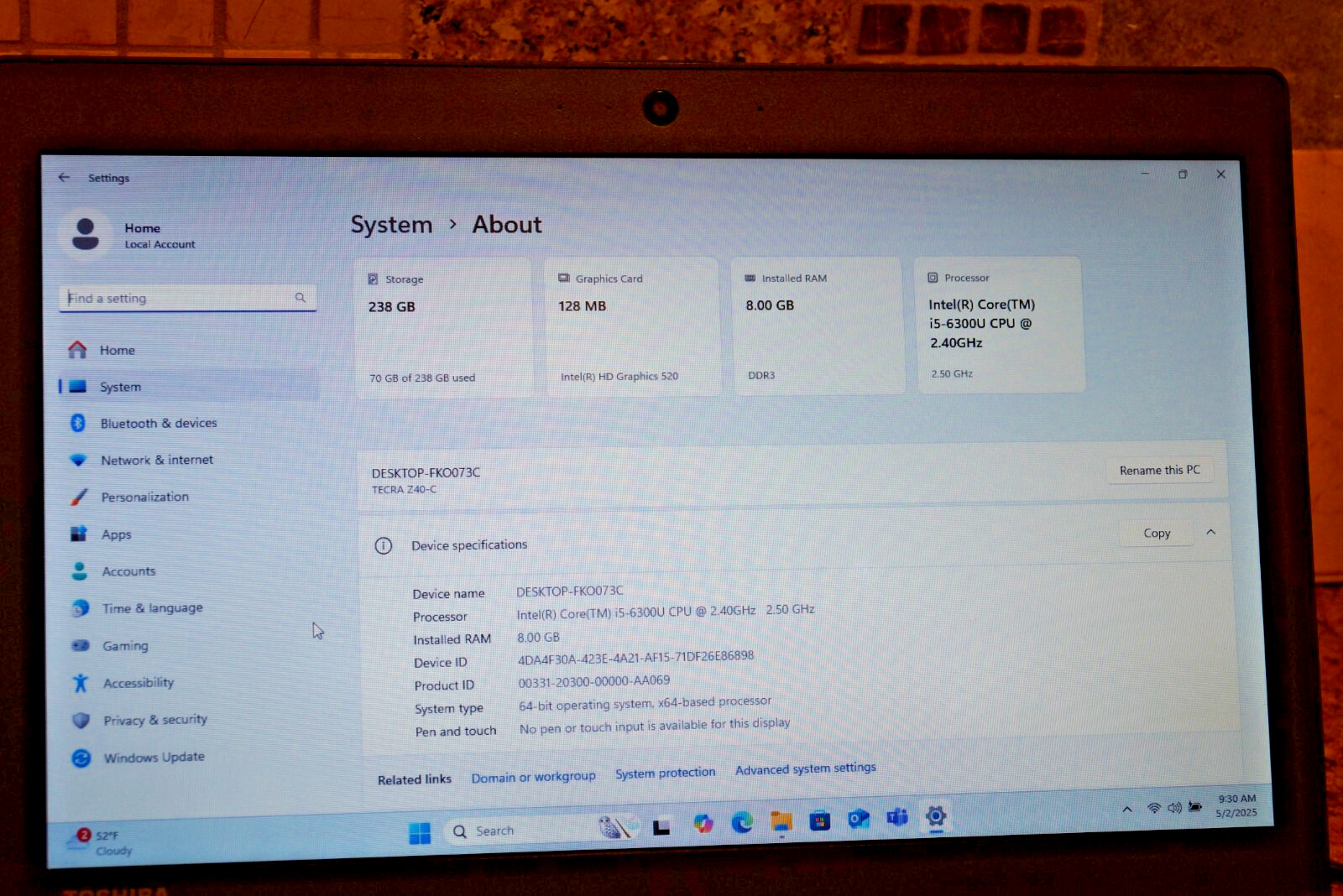Latest 24H2 WIN 11PRO Toshiba Tecra Z40-C1411 Gen6 i5@2.40GHz,8GB RAM,250GB SSD