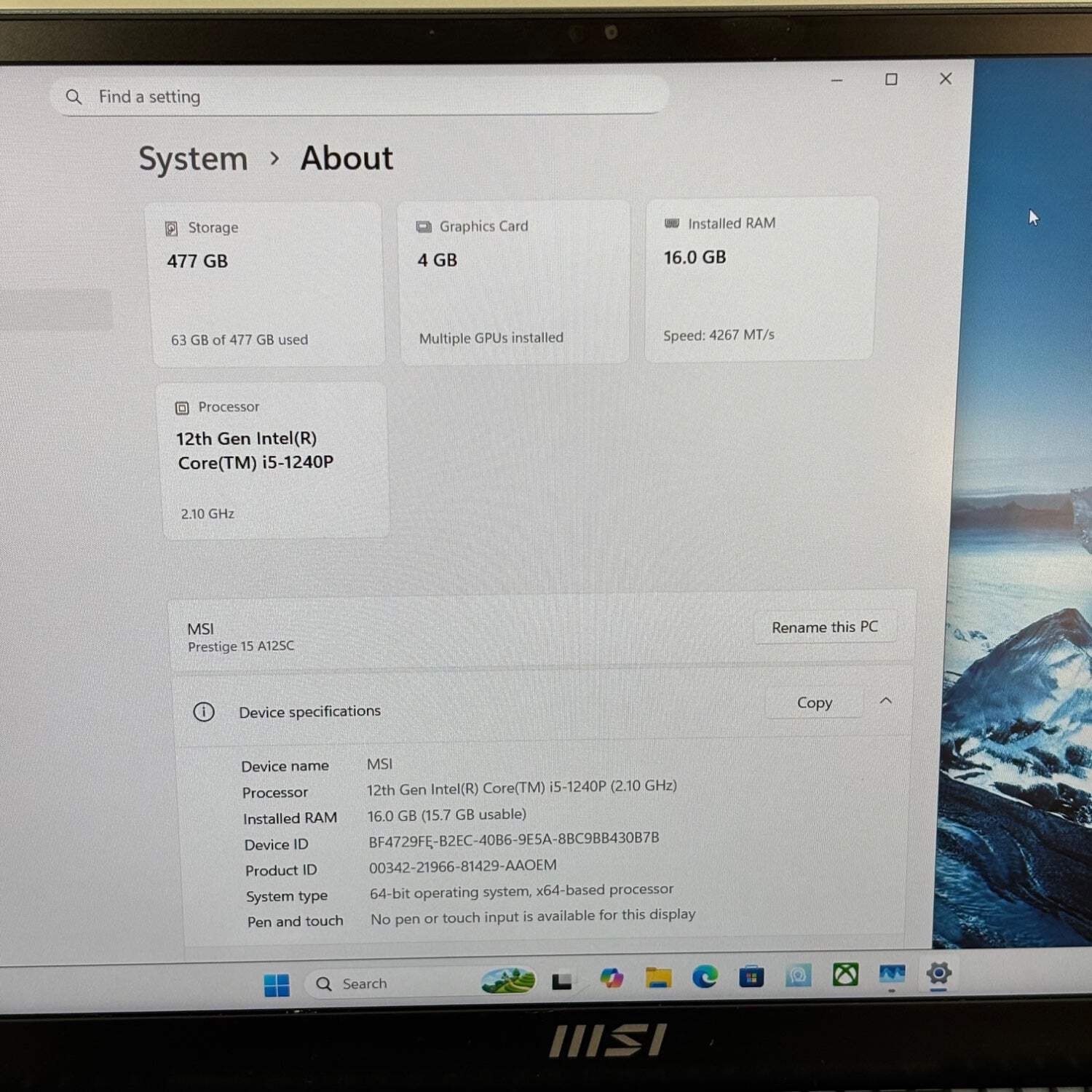 MSI Prestige 15 A12SC 15.6″ i5-1240P 16GB RAM 512GB SSD GeForce GTX 1650 Max-Q