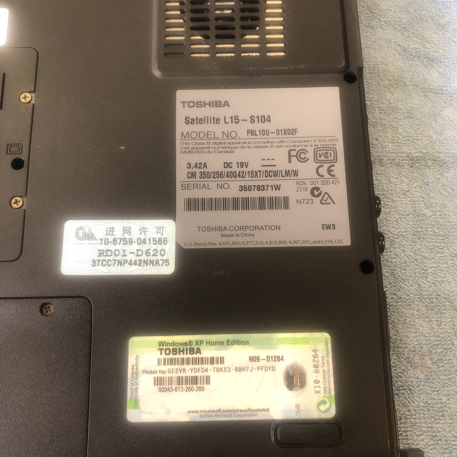 Toshiba Satellite L15-S104 Laptop XP Untested Parts Or Repair. Clean