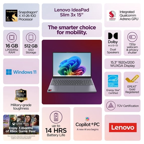 Lenovo IdeaPad Slim 3x 15.3″ WUXGA Touch Snapdragon X X1 16GB 512GB FP Reader