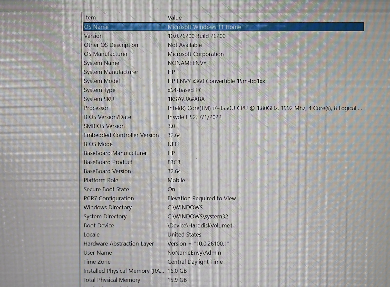 HP ENVY x360 Convertible 15m-bp1xx, Intel core i7-8550U CPU 1.80GHz 16GB Memory