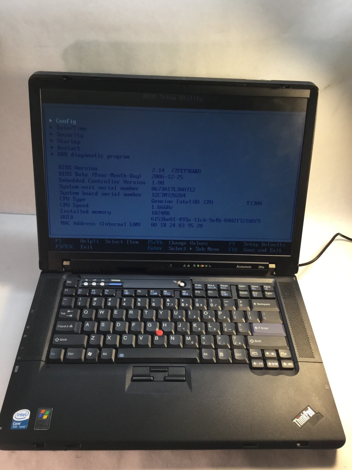 Lenovo ThinkPad Z61e 15″ Laptop Intel Core T1300 1.66GHz – BOOTS/BIOS LOCKED- MZ