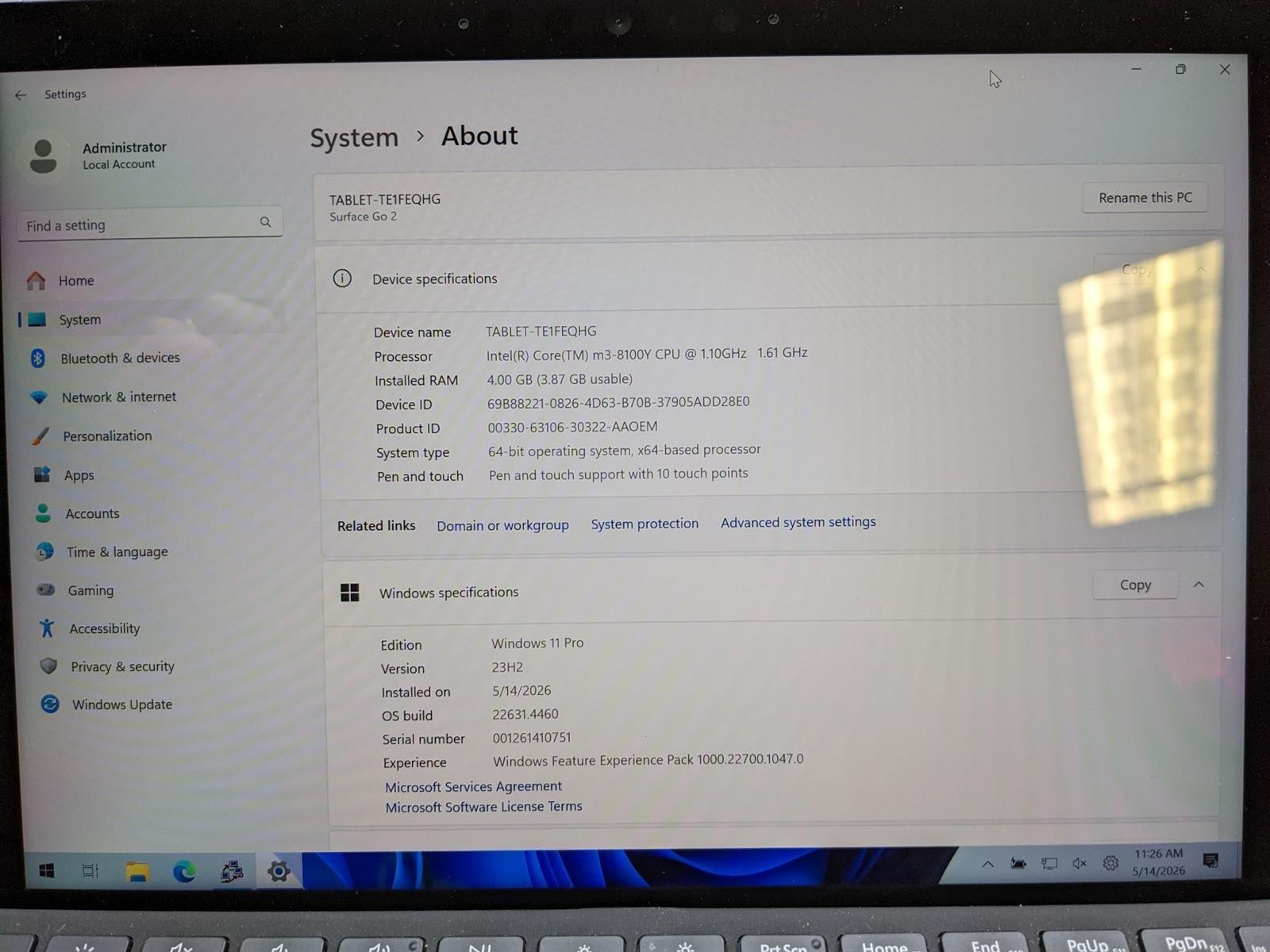 MICROSOFT SURFACE GO 2 1926 M3-8100Y @ 1.1GHz, 4GB RAM, 64GB SSD