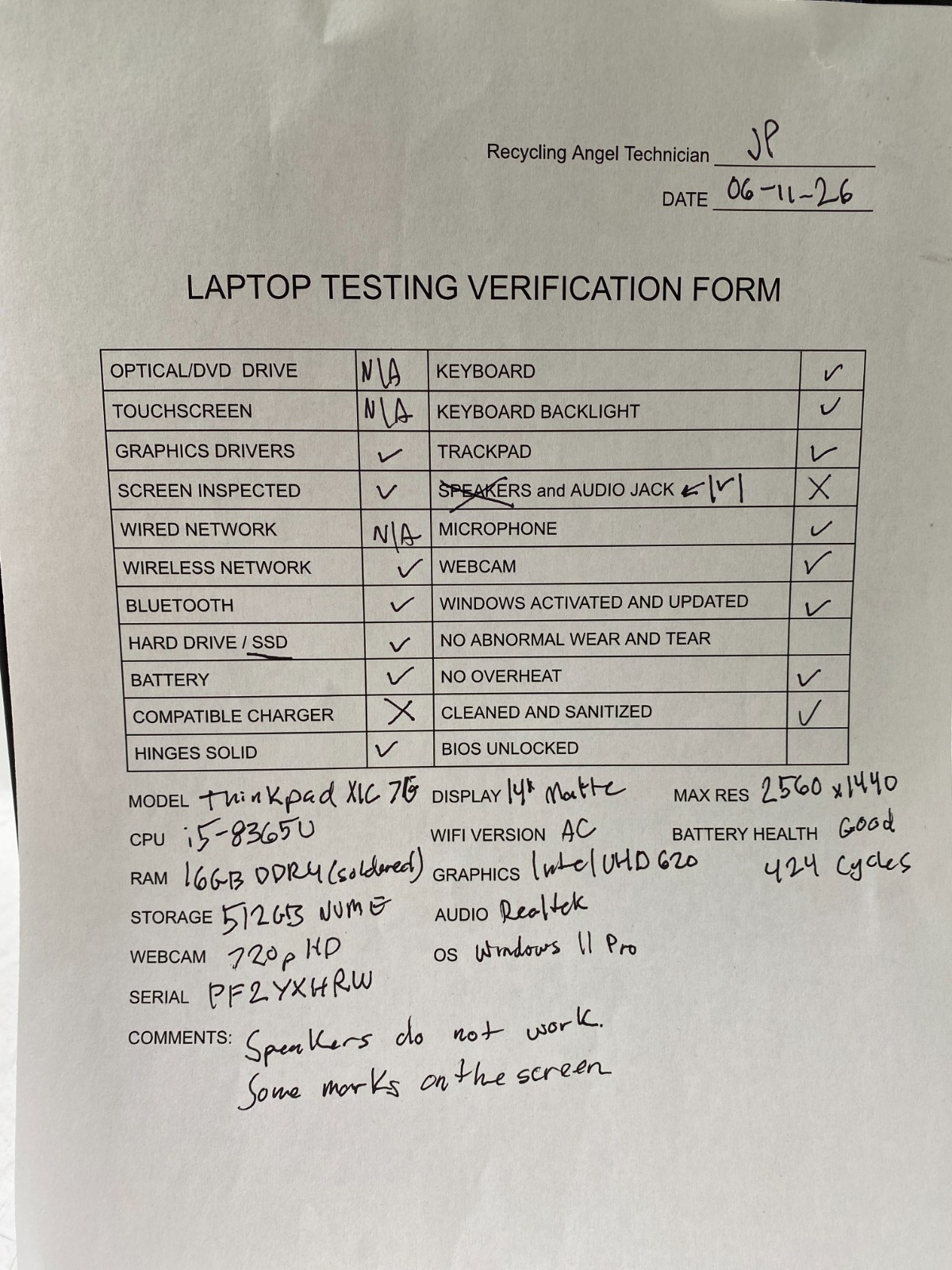Lenovo ThinkPad X1 Carbon Gen 7 i5-8265U 16GB 512GB Win11P – Bad Speakers PARTS