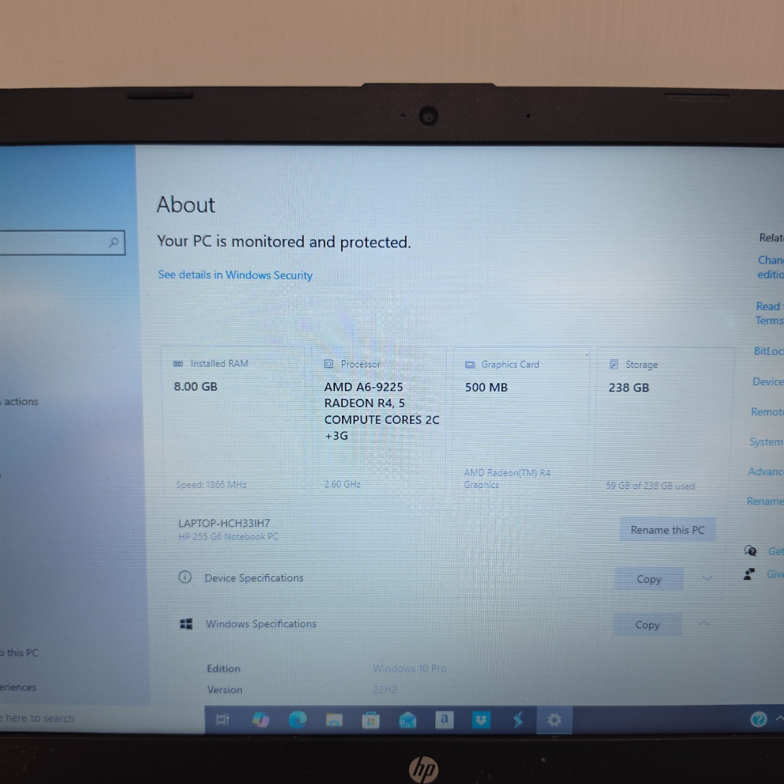 HP 255 G6 Laptop 15.6″ Win 10 Pro AMD A6-9225 R4 8GB Ram 256GB SSD (as-is read)