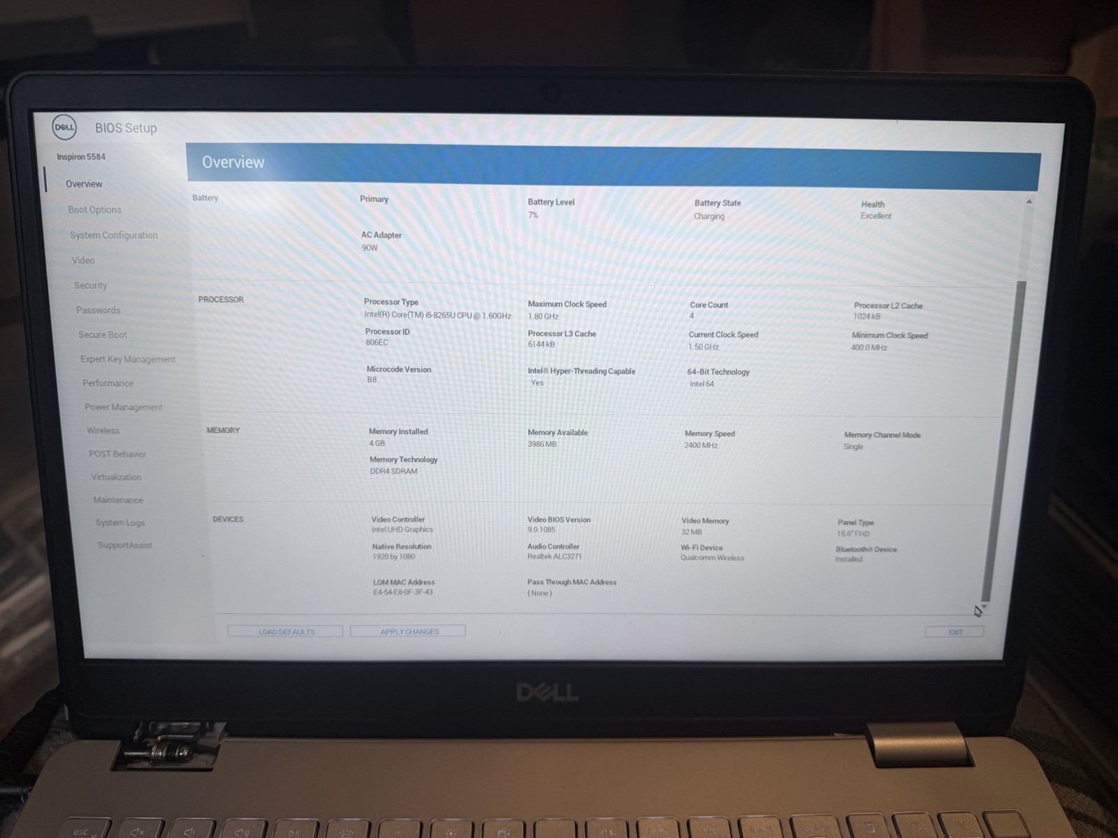 Dell Inspiron 5584 | i5-8265U 1.60GHz | NO RAM | NO SSD