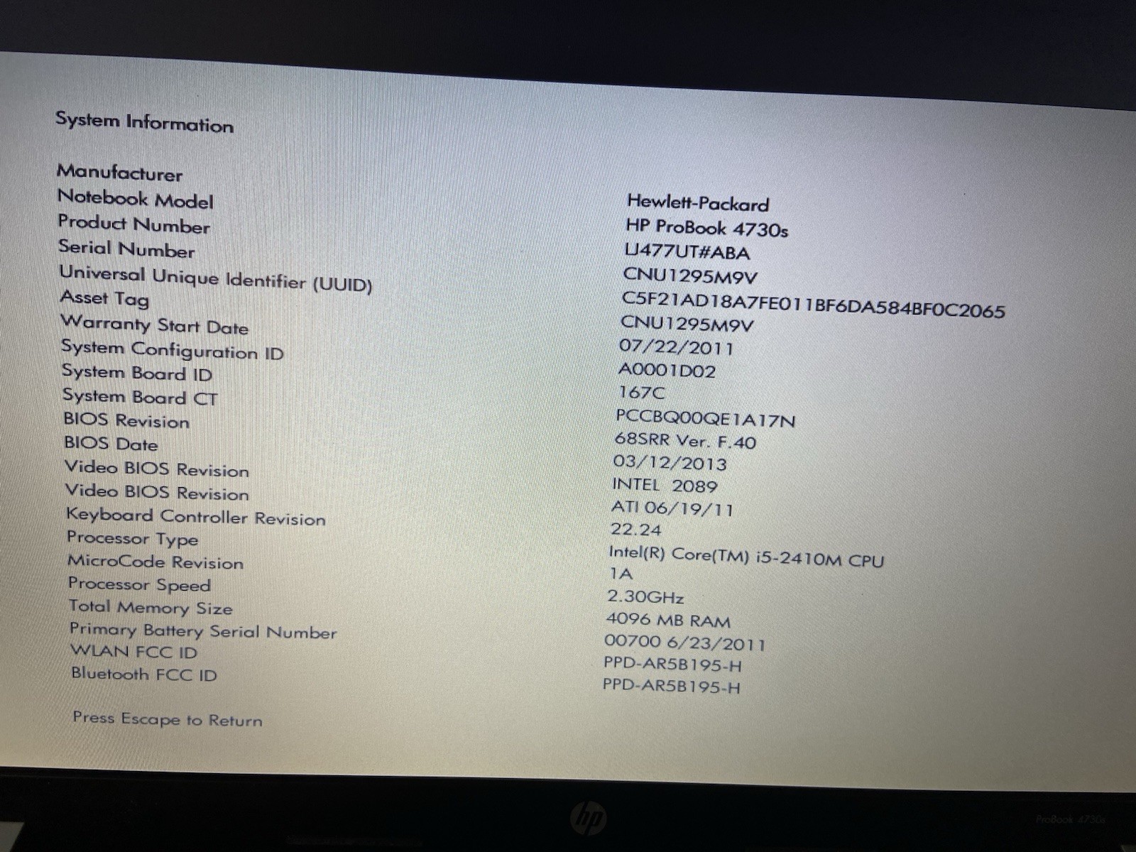 HP ProBook 4730s 17.3”Laptop I5-2410M 4GB RAM NO DRIVE, NO BACK LID AS IS ONLY