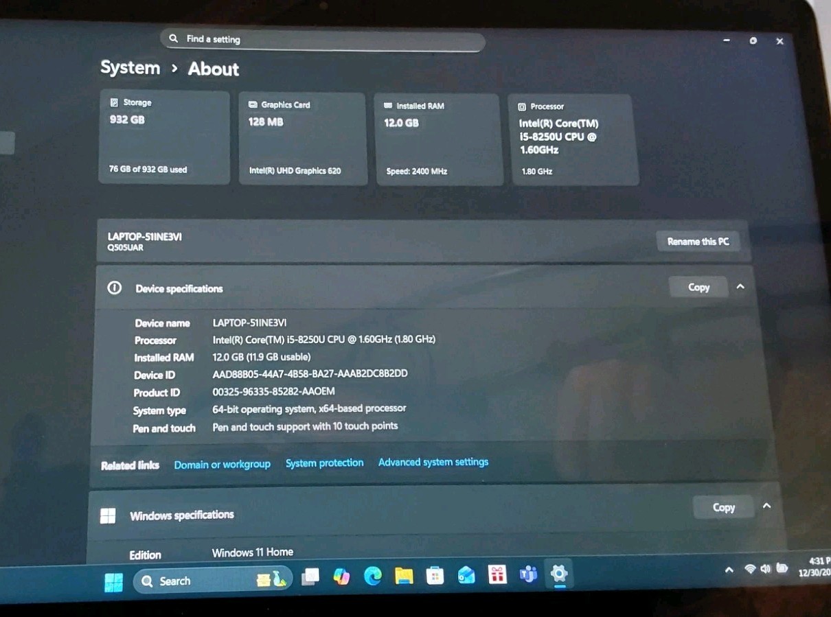 ASUS Q505UA-BI5T7 Laptop Intel Core I5-8250U 1.60GHz, 1TB HDD, 12GB RAM, WIN 11