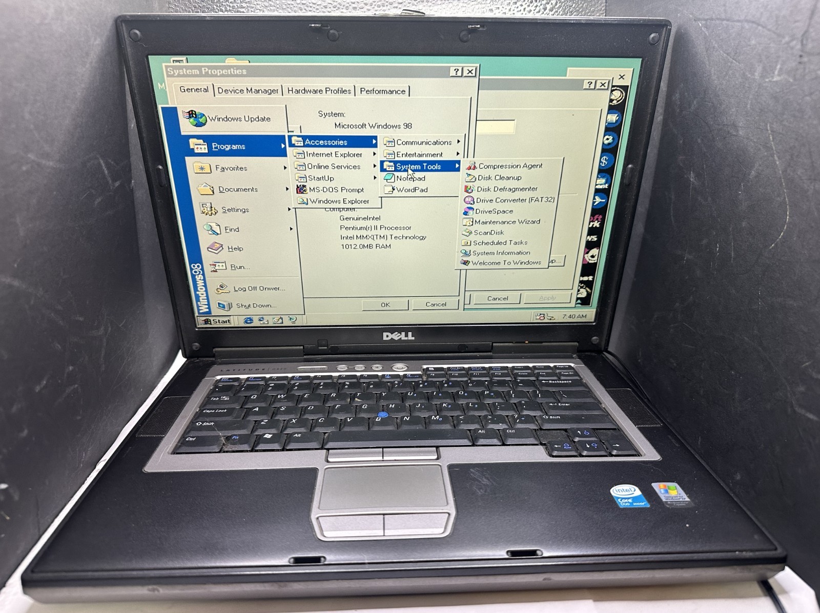 DELL D820 CORE 2 DUO, WIN 98, 64 GB SSD POWER ADAPTER, STRICTLY FOR PARTS/REPAIR