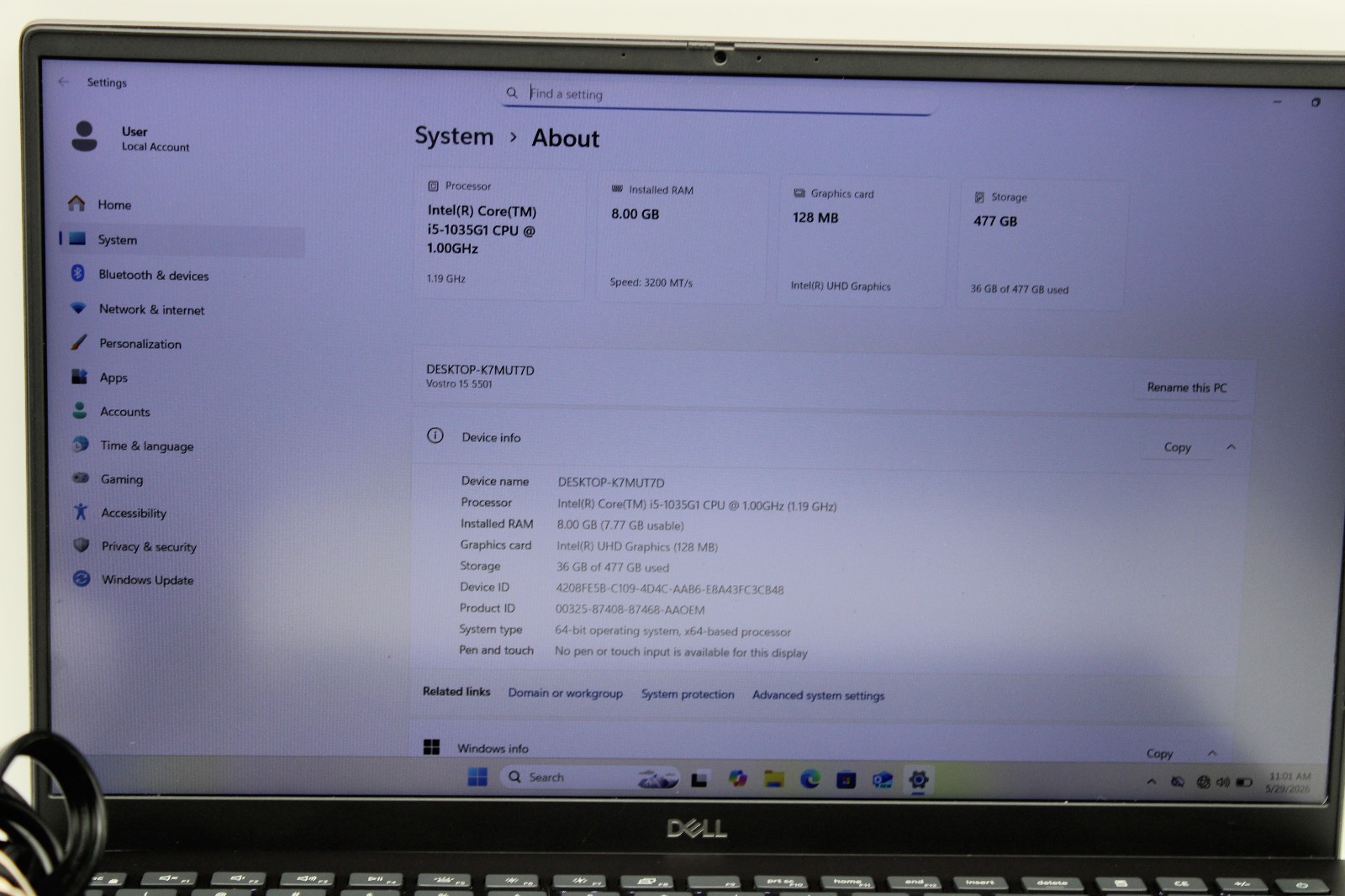 Dell Vostro 5501 i5-1035G1 @ 1.00 GHz 8GB RAM 512GB SSD W11P