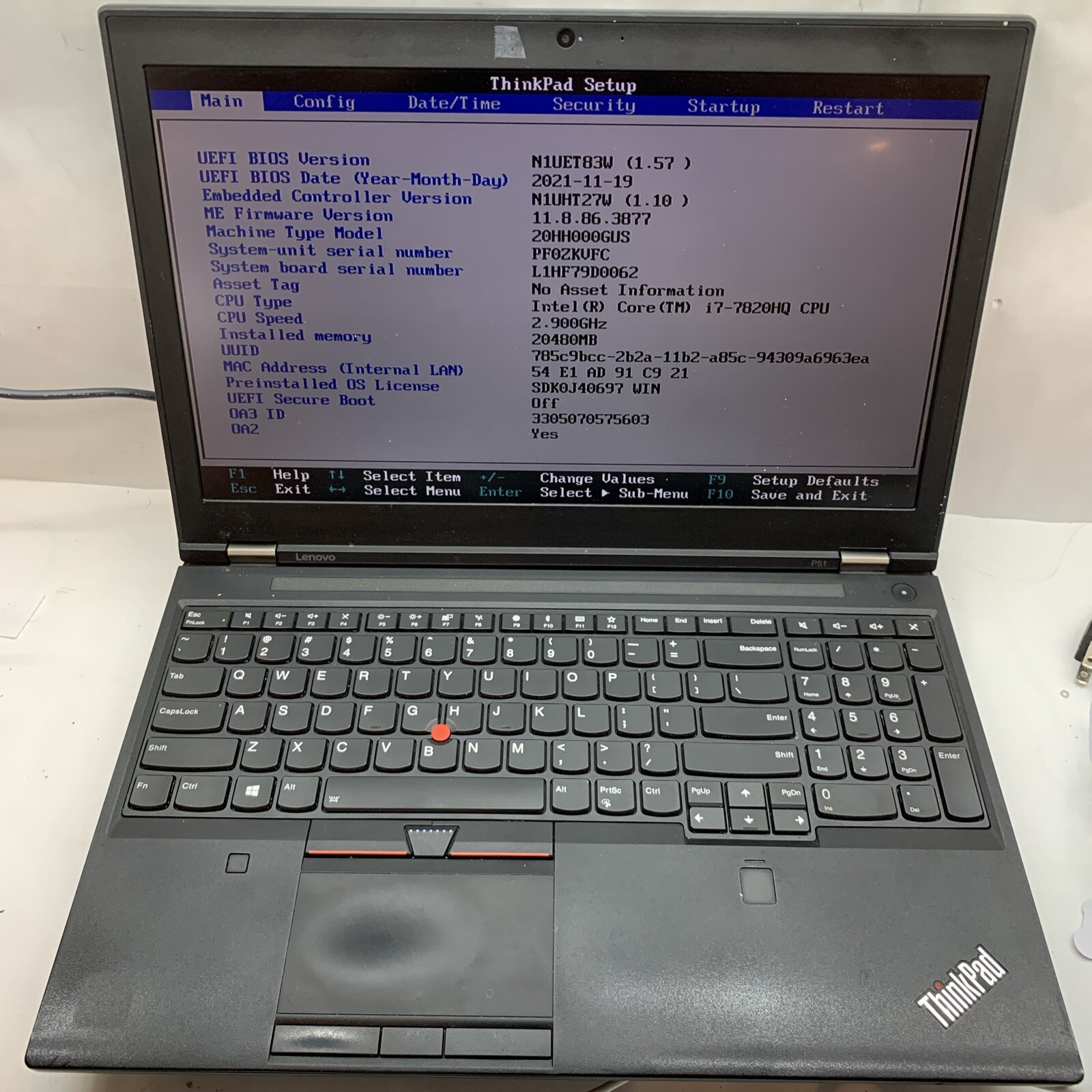 For parts or repair! Lenovo ThinkPad P51 i7-7820HQ 2.9GHz 20GB or 4GB RAM No HDD