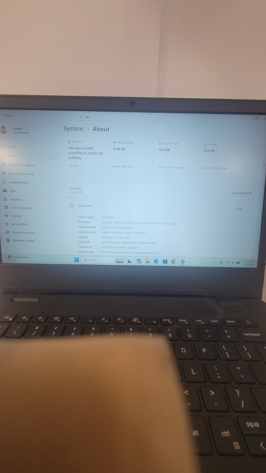 Dell Vostro 14 3400 Laptop i5-1135G7 2.4Ghz 8gb Memory 256GB Excellent Condition