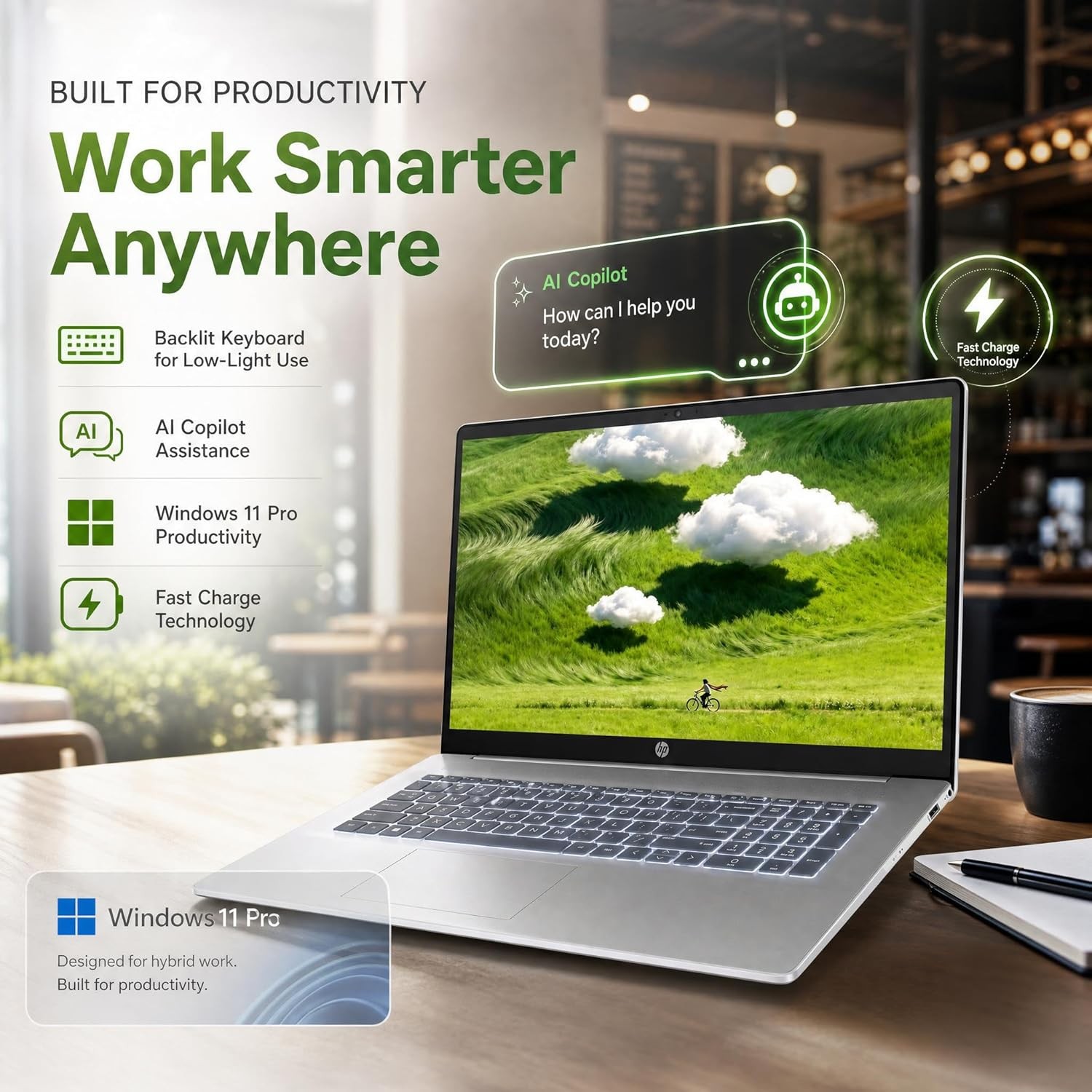 HP 17.3″ Touch Laptop HD AMD Ryzen 5 7430U Win 11 Pro 16GB RAM, 512GB SSD Silver