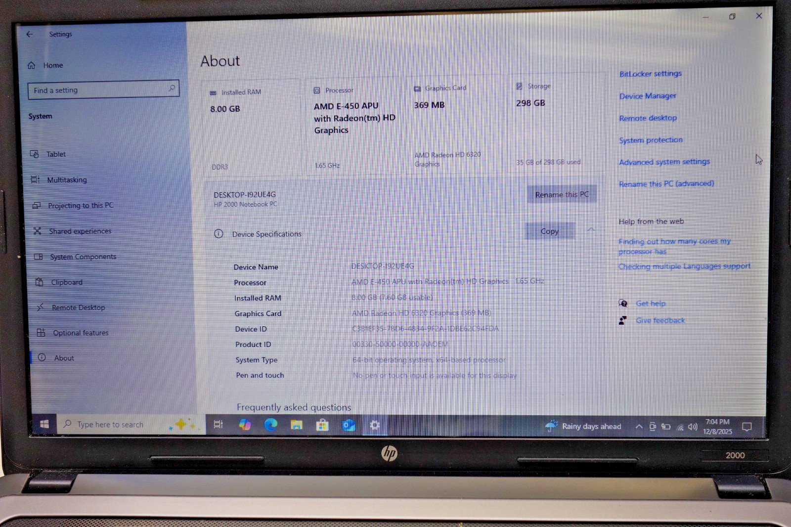 HP 2000-486DX AMD E450 1.65Ghz 8GB Ram, 300GB HD, Windows 10Pro