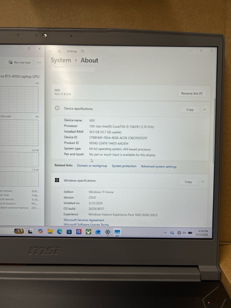 MSI Thin 15 B13VE 15.6″ i5-13420H RTX 4050 16GB 512GB Laptop (PO1023540)