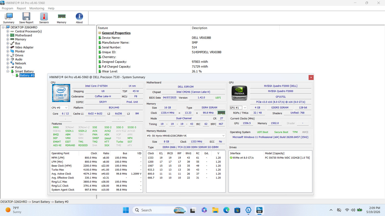 Dell Precision 7530 15″ FHD I7-8750H 1TB SSD 16GB W11P Quadro P2000 *READ*