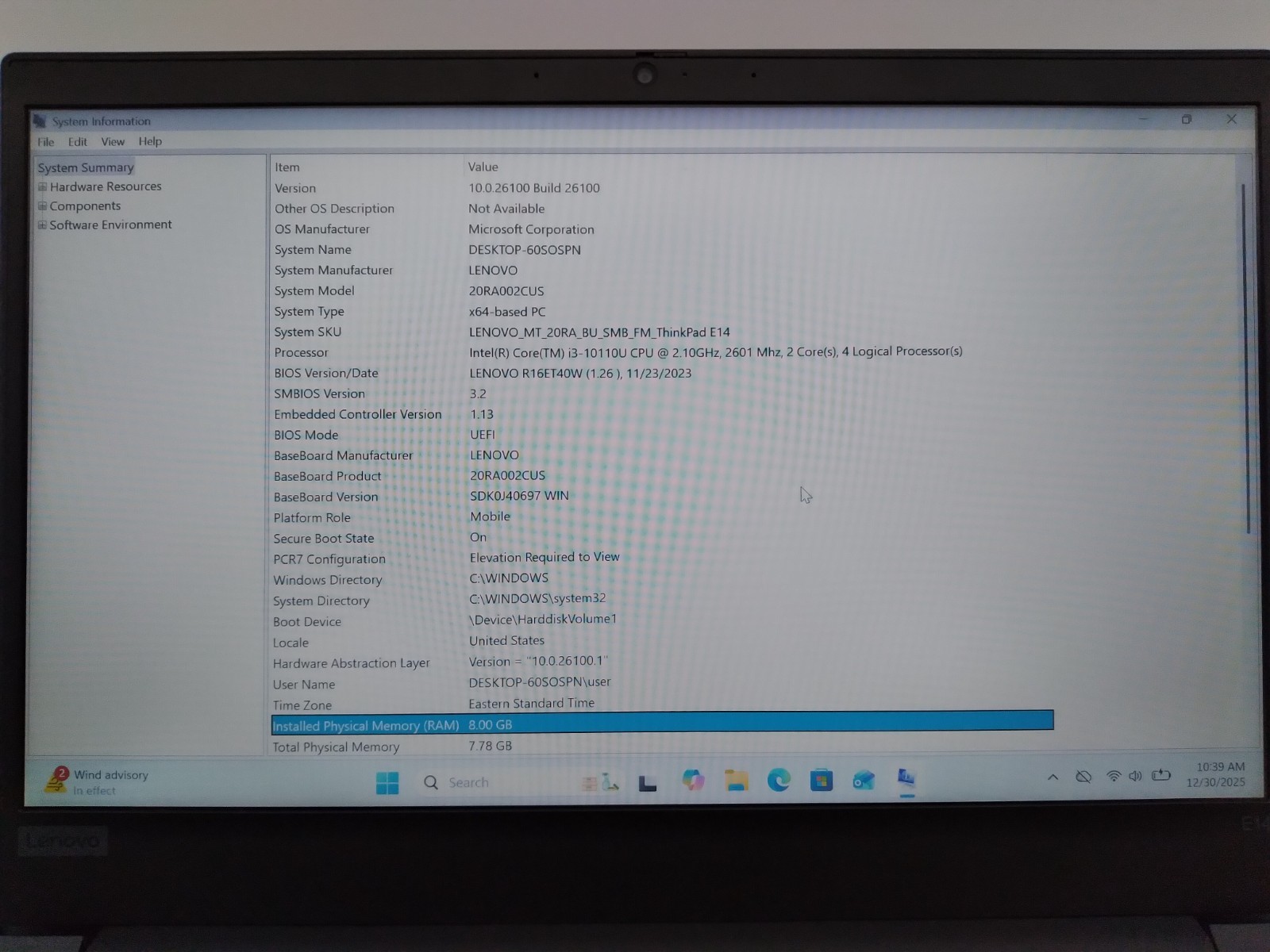 LENOVO THINKPAD E14 – INTEL i3-10110U – 10th Gen – 2.10GHZ 500GB HDD 8GB WIN11