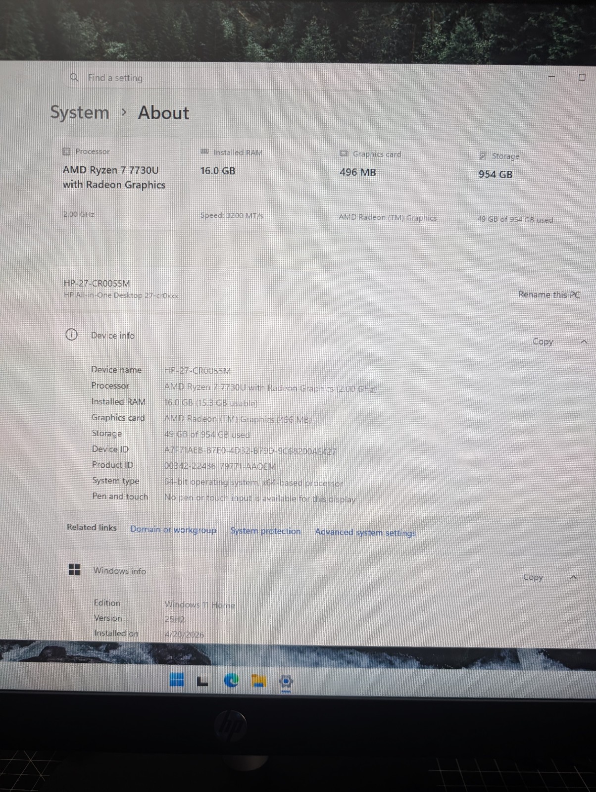 HP All-In-One 27-CR0055M 27” FHD AMD Ryzen 7 7730U 2GHz 16GB 1TB SSD Windows 11