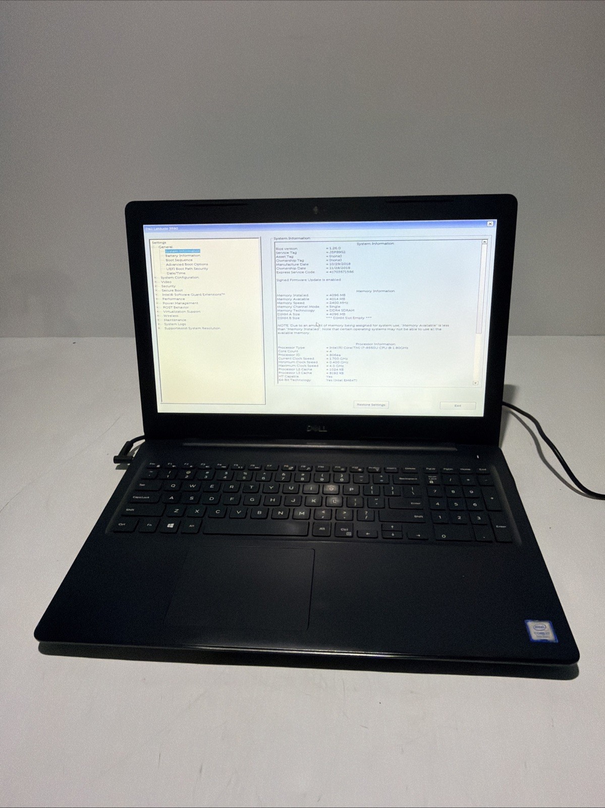 Dell Latitude 3590 15″ Laptop i7-8550U 4gb Ram No Drives Boots Bios