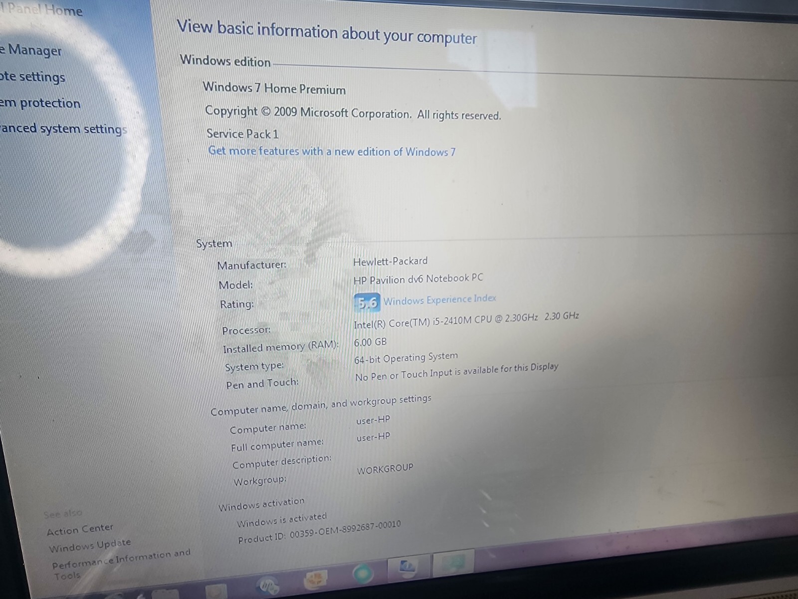 HP Pavilion dv6t-6100 Laptop Intel Core i5-2410M 6GB Ram 500gb HDD, no battery