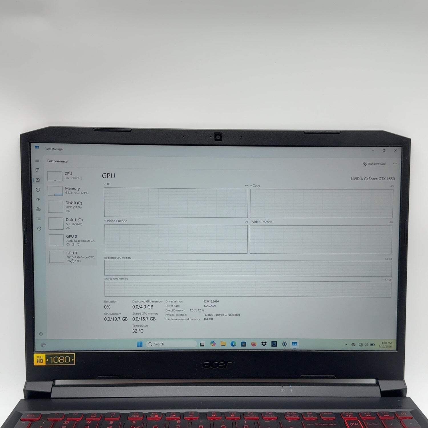 Acer Nitro 5 AN515-44 Ryzen 5 32GB RAM 256GB SSD 320GB HDD GeForce GTX 1650