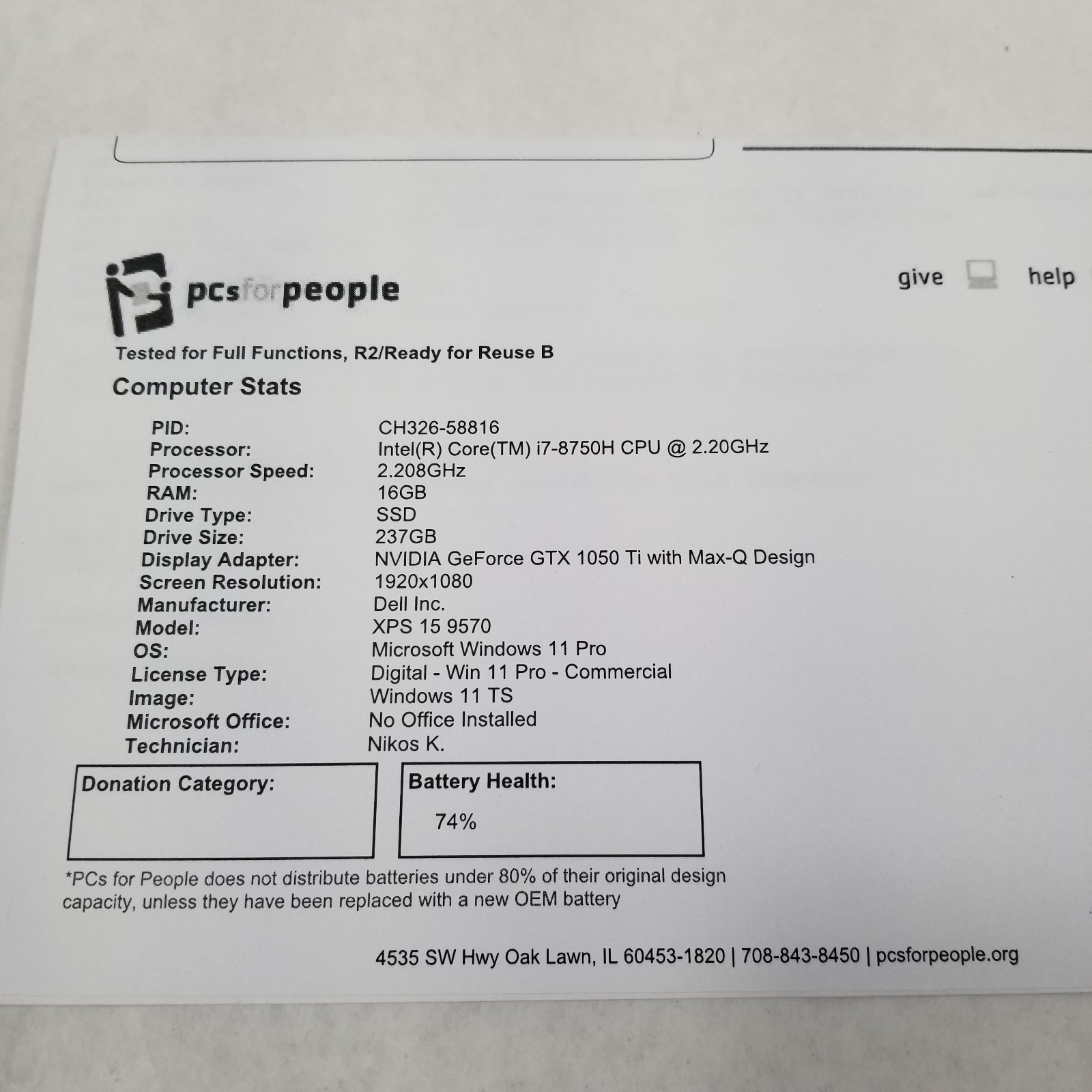 Dell XPS 15 9570 15″ Core i7-8750H 2.2GHz 16GB RAM 256GB SSD GeForce GTX 1050 Ti