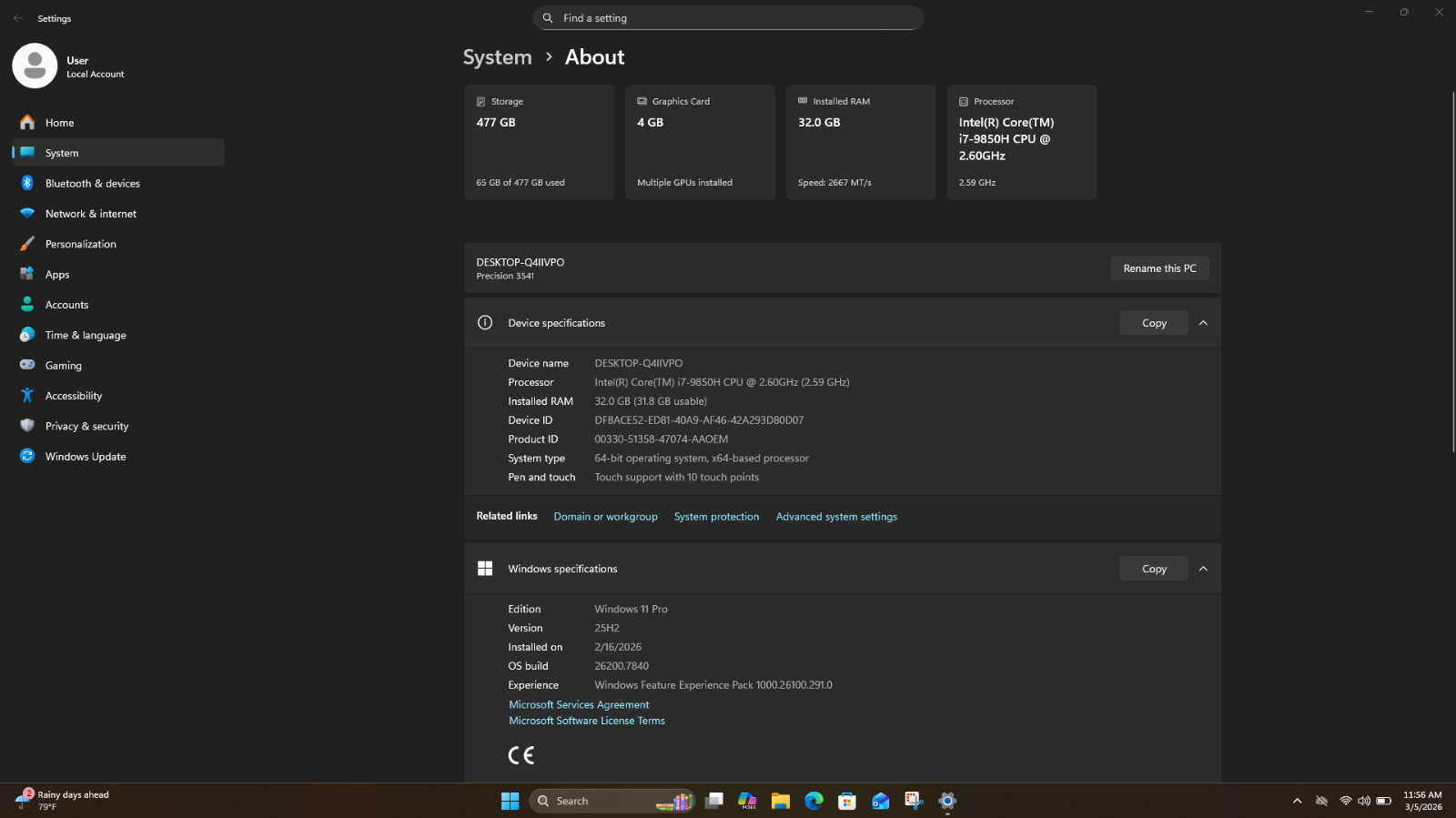 Dell Precision 3541 Mobile Workstation Intel(R) Core(TM)i7-9850H CPU @2.6 GHz 42