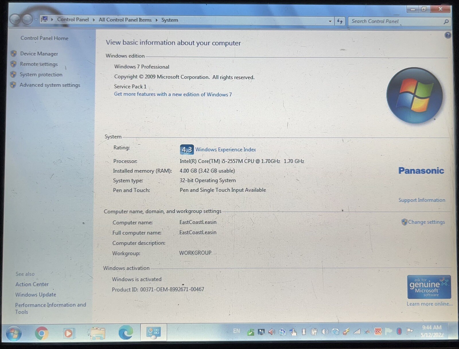 PANASONIC TOUGHBOOK CF-H2 Intel i5 1.7GHz-4GB-465GB SSD 10.1″ WIN 7 PRO 32BIT