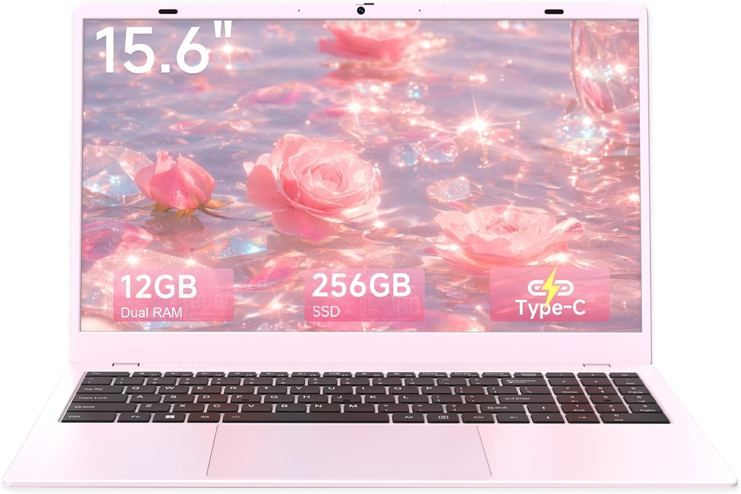 Pink Laptop Computer for Students, 15.6 Inch FHD IPS Display, 12GB RAM 256GB SSD