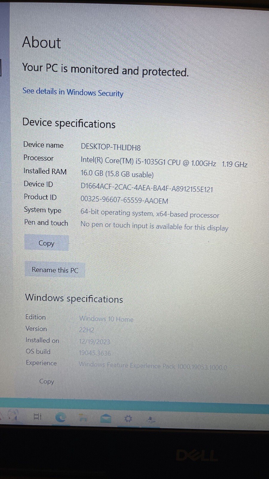 15.6″ Dell 3593 10th Gen Intel Core i5-1035G1 16GB RAM 256GB SSD Win 10