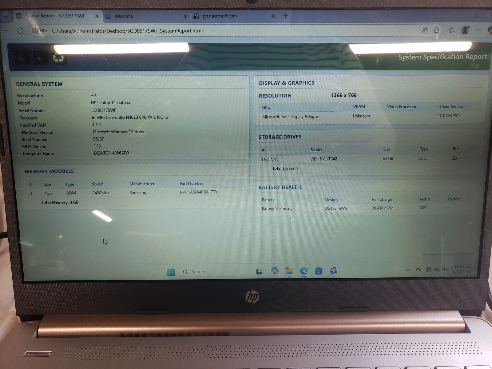 HP HP Laptop 14-dq0xxx Celeron N4020 1.1GHz 4GB 63GB SSD 14″